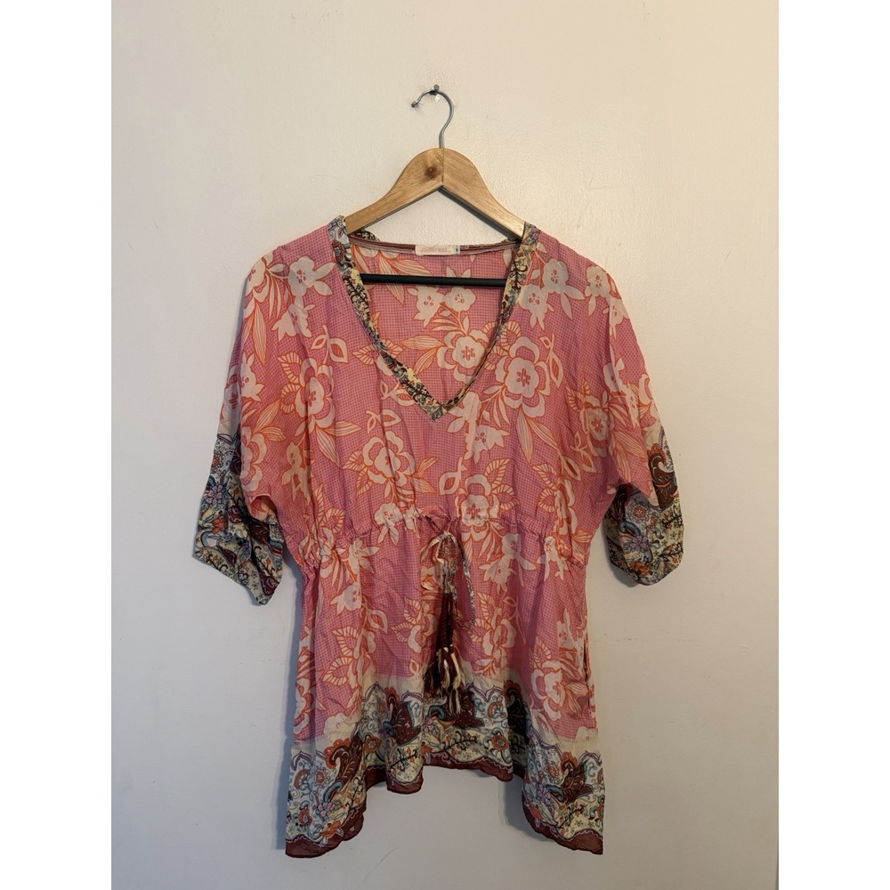 Johnny Was Pink Floral Silk V-Neck 3/4 Sleeve Tunic Blouse Boho Colorful M